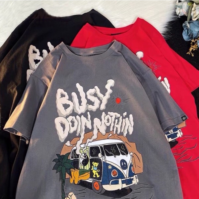 Áo thun phông logo tay nam nữ PINK tay lỡ form rộng BUSY DOIN NOTHIN Unisex