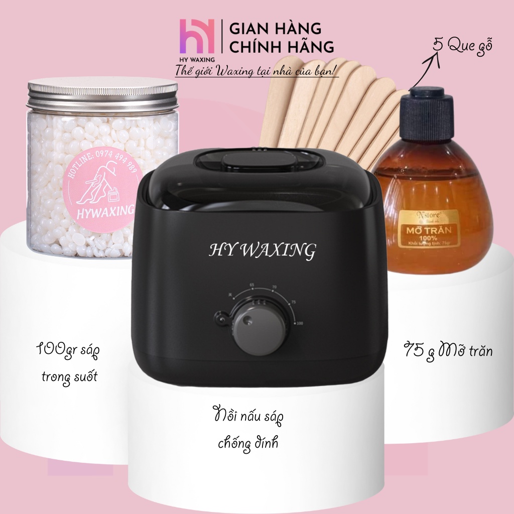 [CHE TÊN] Combo Nồi Nấu Sáp Wax Lông Chống Dính HY WAXING + 100gr Sáp Trong Suốt + 75gr Mỡ Trăn Tặng Que