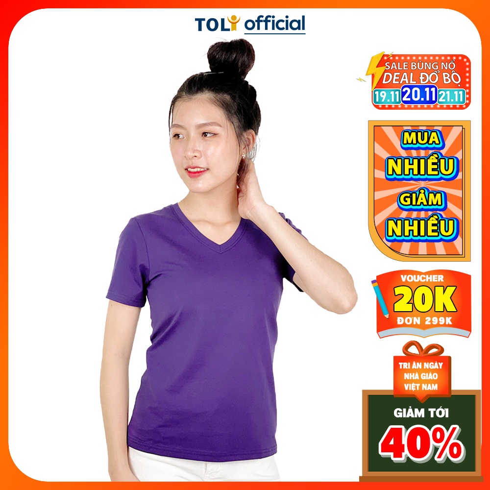 Áo Thun Nữ trơn Cổ Tim TOLI, Chất Cotton 4 Chiều Mềm Mịn, Co Dãn, Form Suông Cơ Bản [Tím Than-01A]