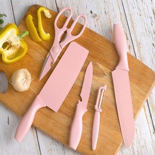 Bộ dao kéo thớt 7 món bao gồm thớt kệ để dao - y hình - decor