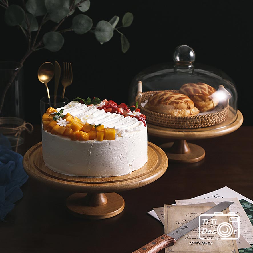 Cake Stand Gỗ Nắp Thuỷ Tinh TiTi Decor Đựng Bánh Phong Cách Hàn Quốc
