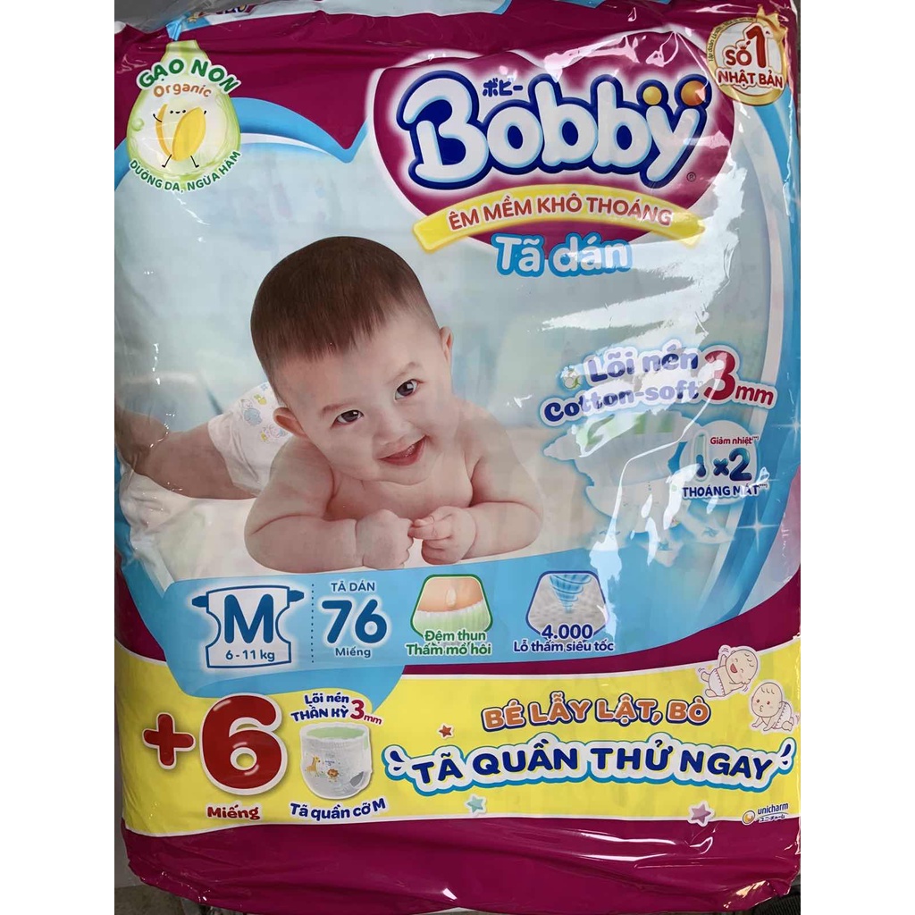 Tã dán Bobby S84/M76/L68/XL62/XXL56 mới- Lõi nén cotton-soft 3mm