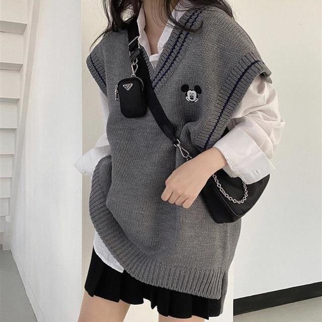 Áo Sweater Dệt Kim Không Tay Dáng Rộng Màu Sắc Đơn Giản Phong Cách Hàn Quốc