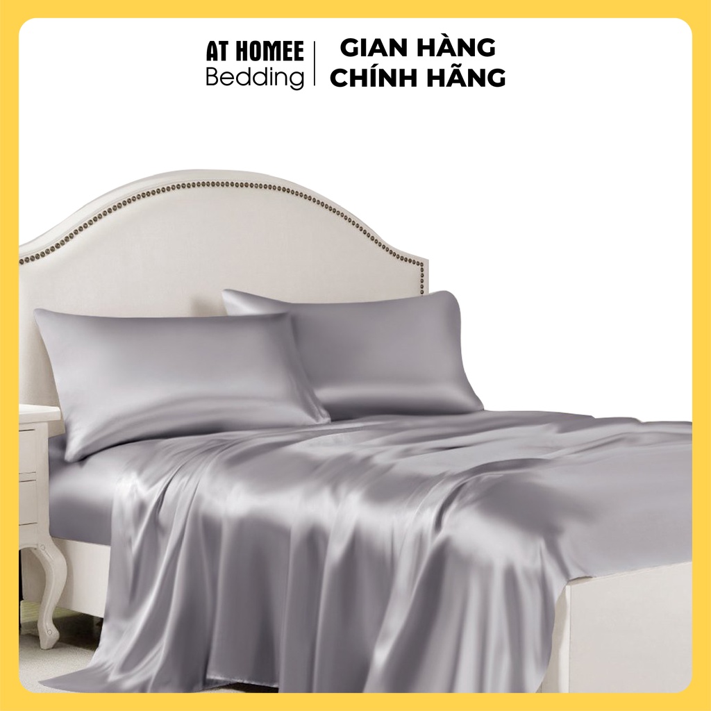 (Hàng Loại 1 Và Không Nối Vải) Bộ 4 Món Ga Gối Phi Lụa Thương hiệu AT HOME Mát Mịn - Màu Xám Ghi
