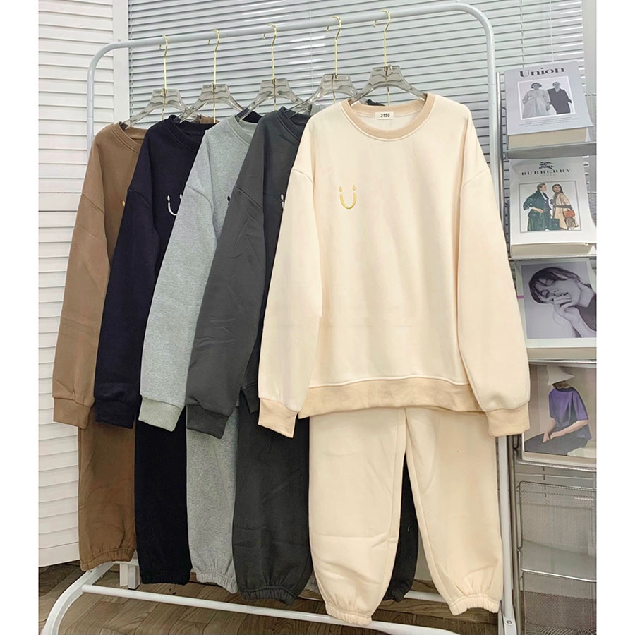 Set Bộ Nỉ Trơn Thêu Icon Màu Basic Form Rộng Hàng Quảng Châu M1939 - Lolla Fashion