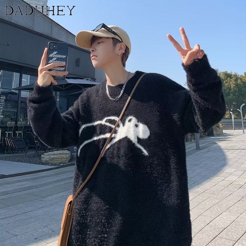 DaDuHey Men's Hong Kong Style Fashion All-Match Trend Loose Sweater Ins 2022 Autumn And Winter Round Neck Long Sleeve Sweater