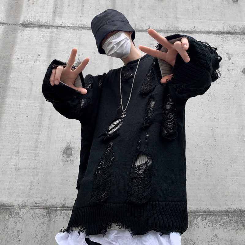 Áo Sweater Rách Dáng Rộng Phong Cách Đường Phố Nhật Bản Thời Trang Thu Đông Dành Cho Nam