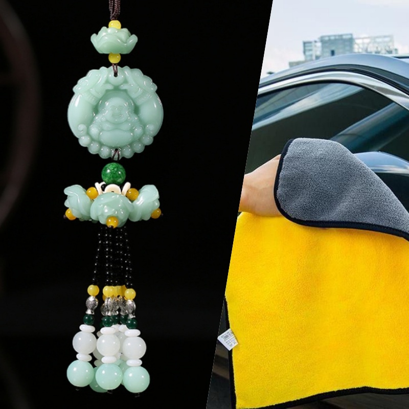 Combo Dây treo xe tượng phật kèm khăn lau xe hơi cao cấp