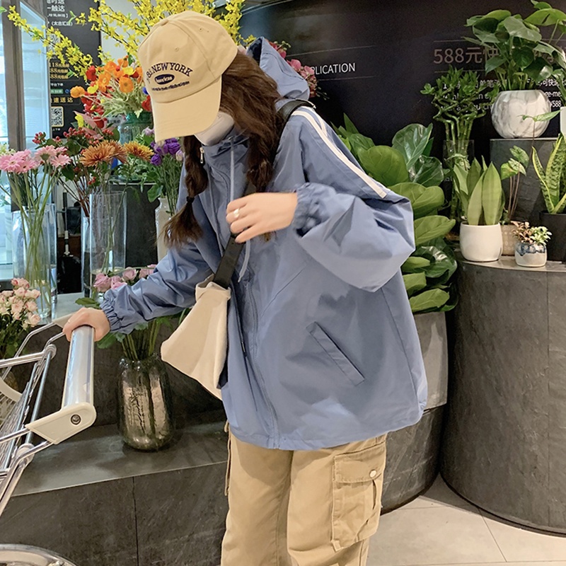 IELGY  Áo Khoác Tay Dài Có Nón Dáng Rộng Màu Sắc Tương Phản Phong Cách Hàn Quốc Cho Nữ