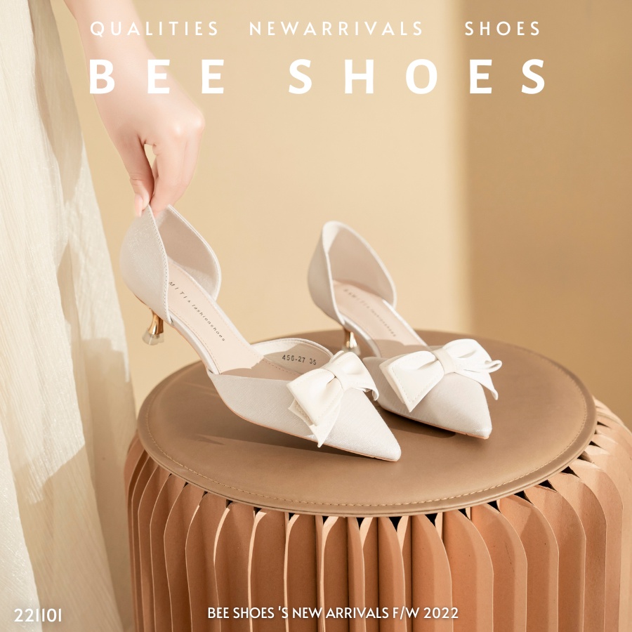 BEESHOES - GIÀY CAO GÓT NỮ MŨI NHỌN - GIÀY CAO GÓT NỮ GÓT NHỌN KHOÉT HÔNG CAO 5 PHÂN SẴN MÀU ĐEN KEM 221101
