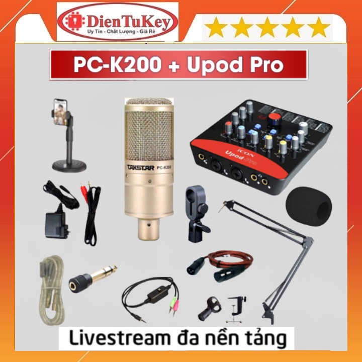 Bộ Combo Mic Thu Âm Hát Livestream Sound Card  Icon Upod Pro Mic Takstar PC-K200  Chuyên Livestream, Thu Giọng Đọc