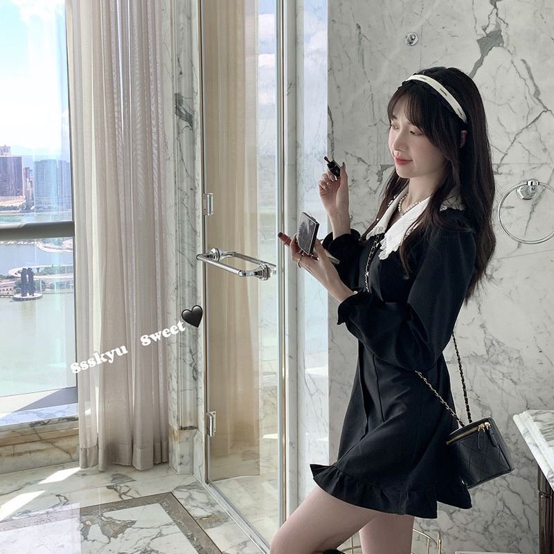 IELGY IELGY Đầm Ngắn Tay Dài Cổ Chữ v Phong Cách Hàn Quốc Cho Nữ