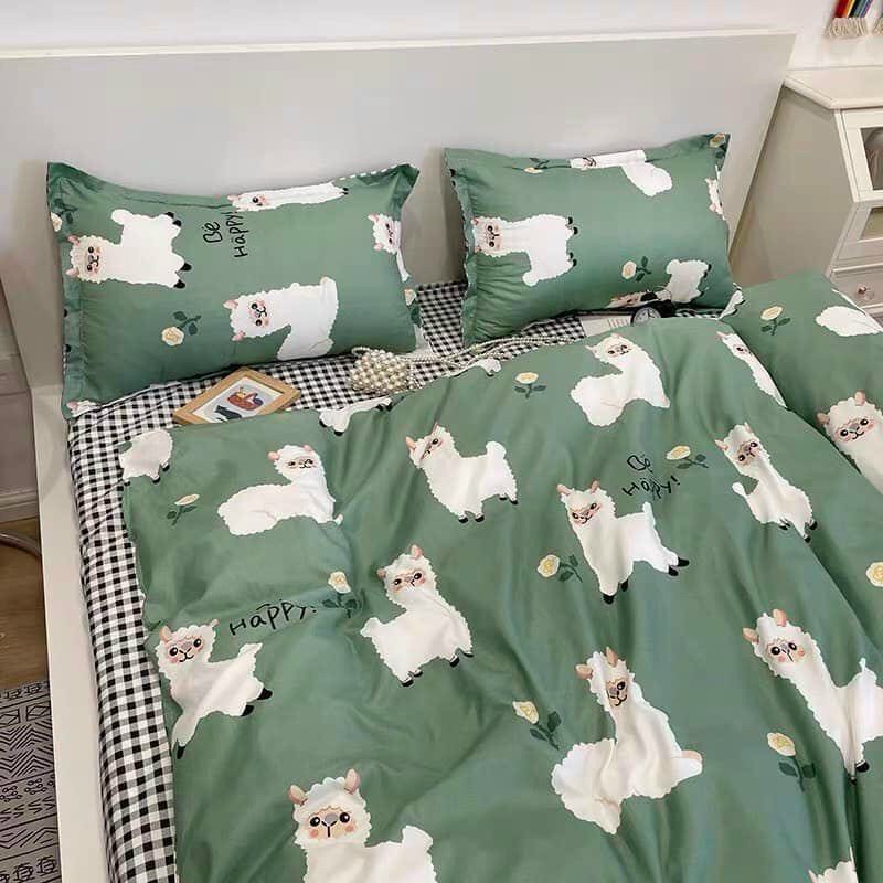 Bộ chăn ga gối cotton poly 5 món chần bông MD.Decor - Bedding họa tiết cừu xanh dễ thương nhiều kích thước ra nệm m6 m8