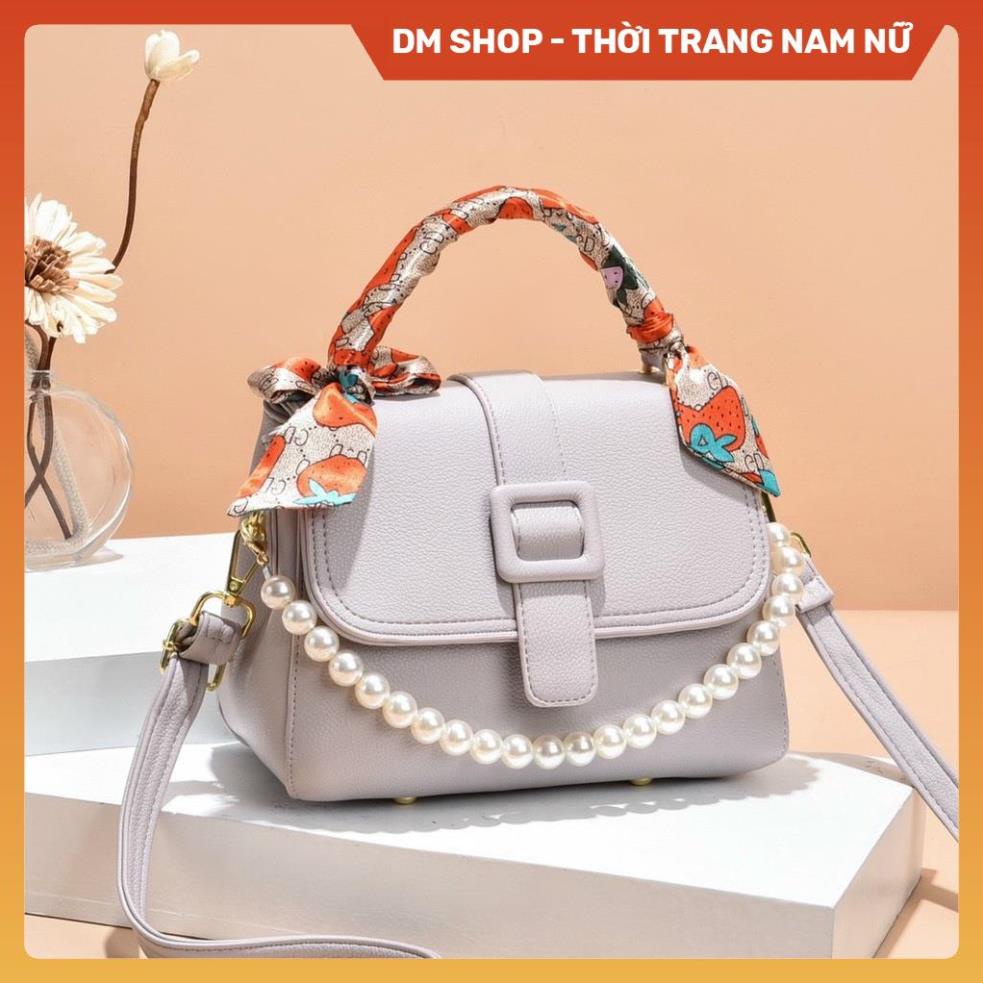 Túi đeo chéo nữ , Túi xách đeo vai phối quai ngọc trai kèm khăn tết cầm tay màu đen ghi nâu hồng thời trang DM Shop