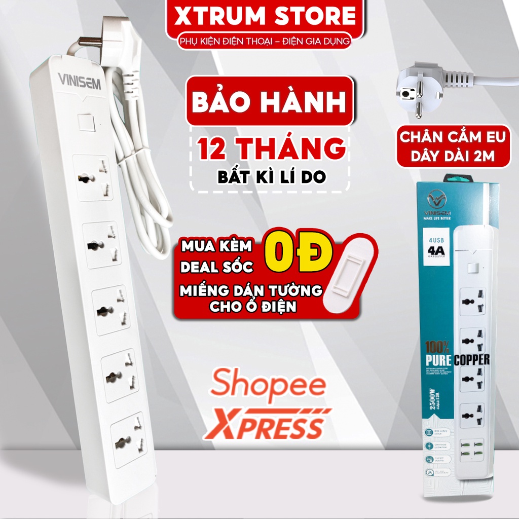 Ổ cắm điện Vinisem chịu tải 2500W, 5 ổ 3 chấu 250V, dây dài 2M, ổ điện có công tắc tự ngắt an toàn chống quá tải cháy nổ