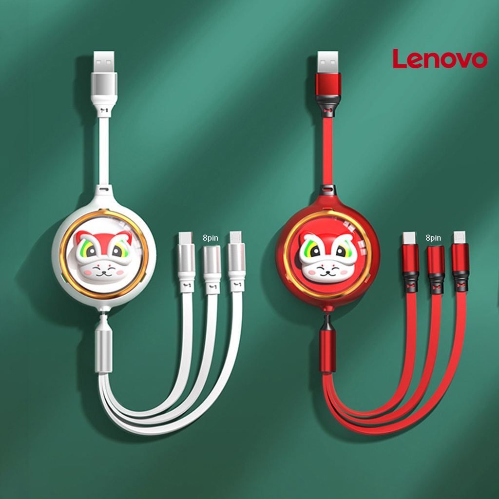 Dây cáp sạc truyền dữ liệu LENOVO KC-5A 3 trong 1 chống rối 8 chấu Type C Micro USB họa tiết mèo may mắn cho điện thoại