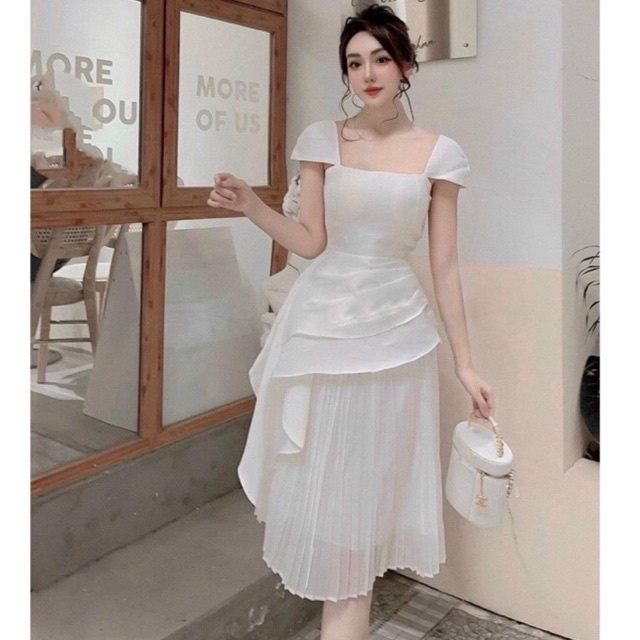 Đầm váy nữ dáng dài sang chảnh màu trắng vải tacta loại 1 thiết kế dáng dài dập ly liền sang trọng