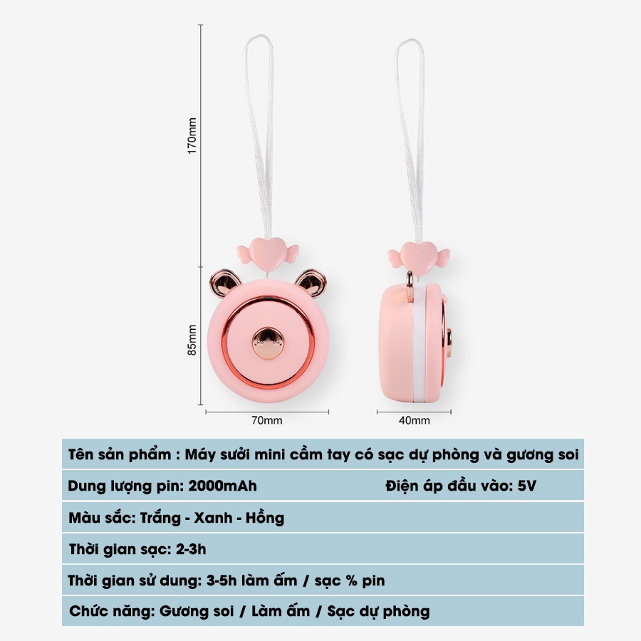Máy sưởi mini cầm tay có sạc dự phòng kiêm gương soi nhỏ gọn bỏ túi đa năng thông minh