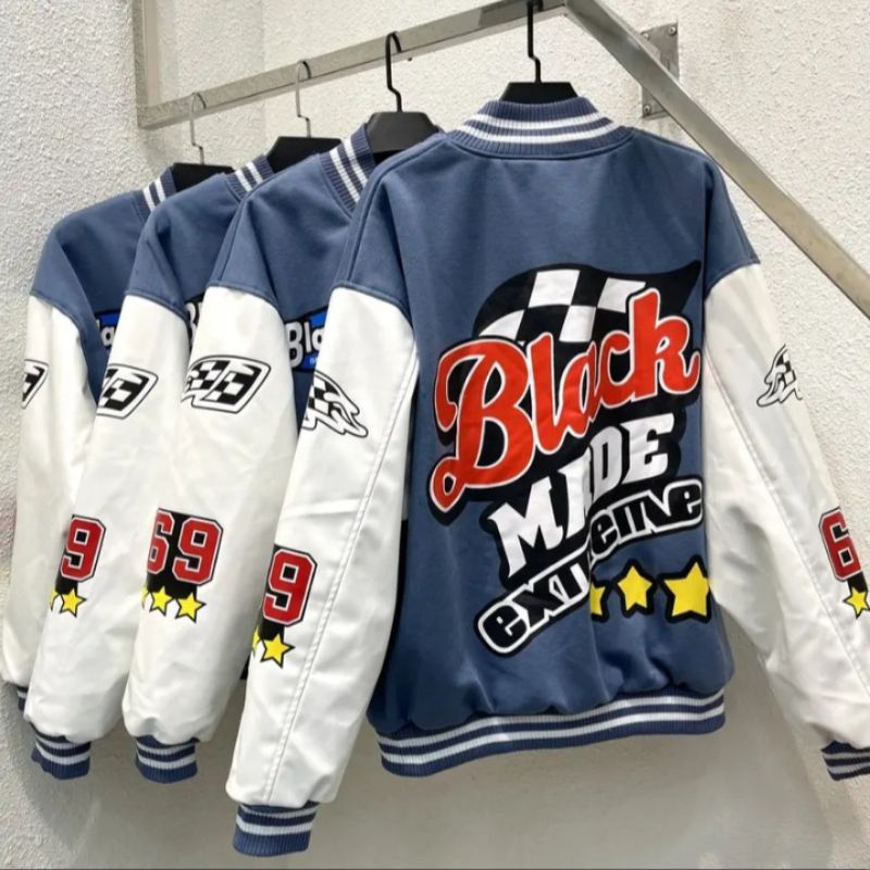 Áo khoác varsity Black made extreme chất nỉ 2 lớp phối tay da