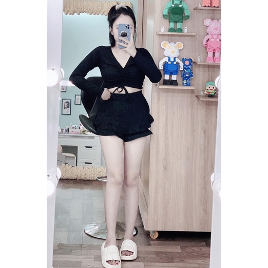 Set áo tay dài dây rút váy bèo