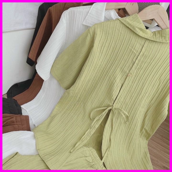 Sét đồ bộ  nữ áo sơ mi cột nơ lưng lạ mắt sét sơ mi quần đùi phong cách hàn quốc sét sơ mi sang chảnh đi chơi đi dạo phố