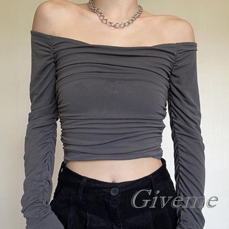 Áo Croptop Trễ Vai Tay Dài Màu Sắc Thanh Lịch Cho Nữ