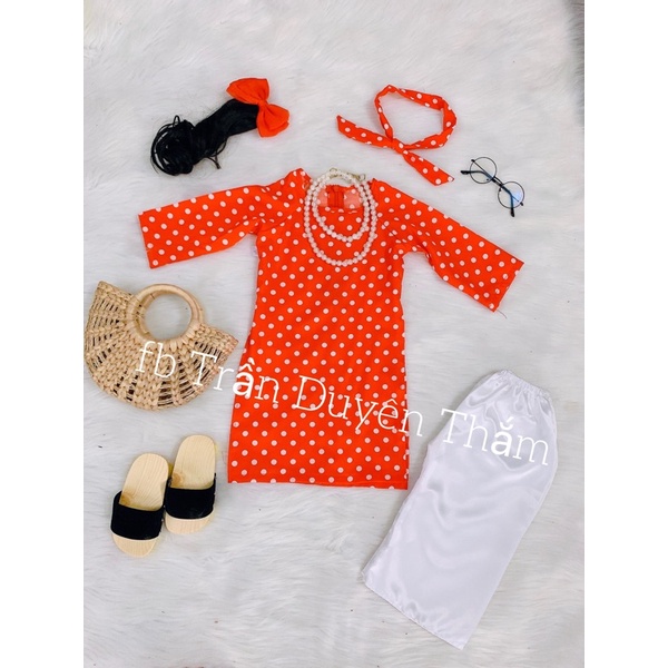 Áo Dài Cách Tân Bé Gái Hoạ Tiết Chấm Bi Tặng Kèm Băng Đô Thời Trang 7-28kg