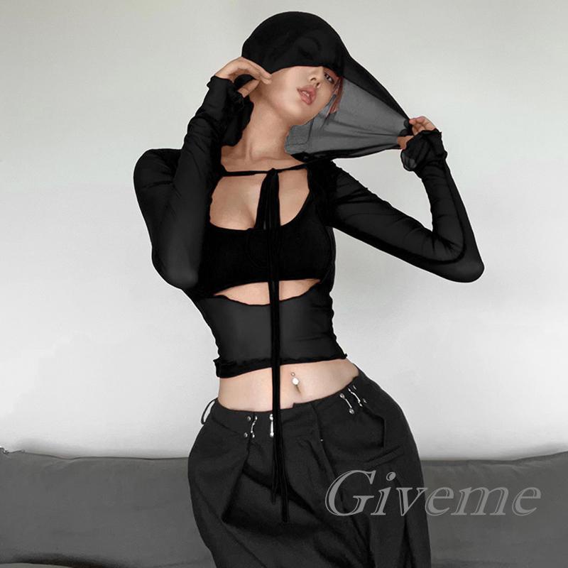 Áo Thun Lửng Dạng Lưới Tay Dài Màu Trơn Thời Trang Cho Nữ