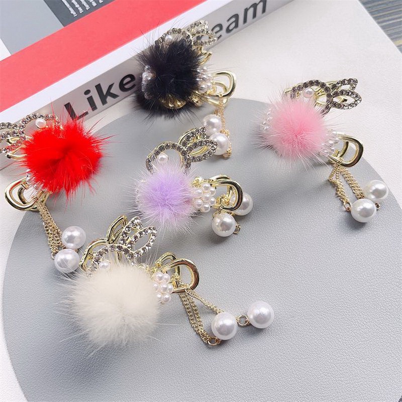 Kẹp Tóc Hình Thỏ Tua Rua Đính Ngọc Trai Dễ Thương Cho Bé Gái timetunnel