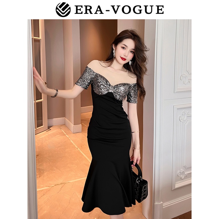 EraVogue🌷 Đầm Cưới Đuôi Cá Màu Đen Trễ Vai Quyến Rũ Thời Trang Hàn Quốc 10119 Cho Nữ