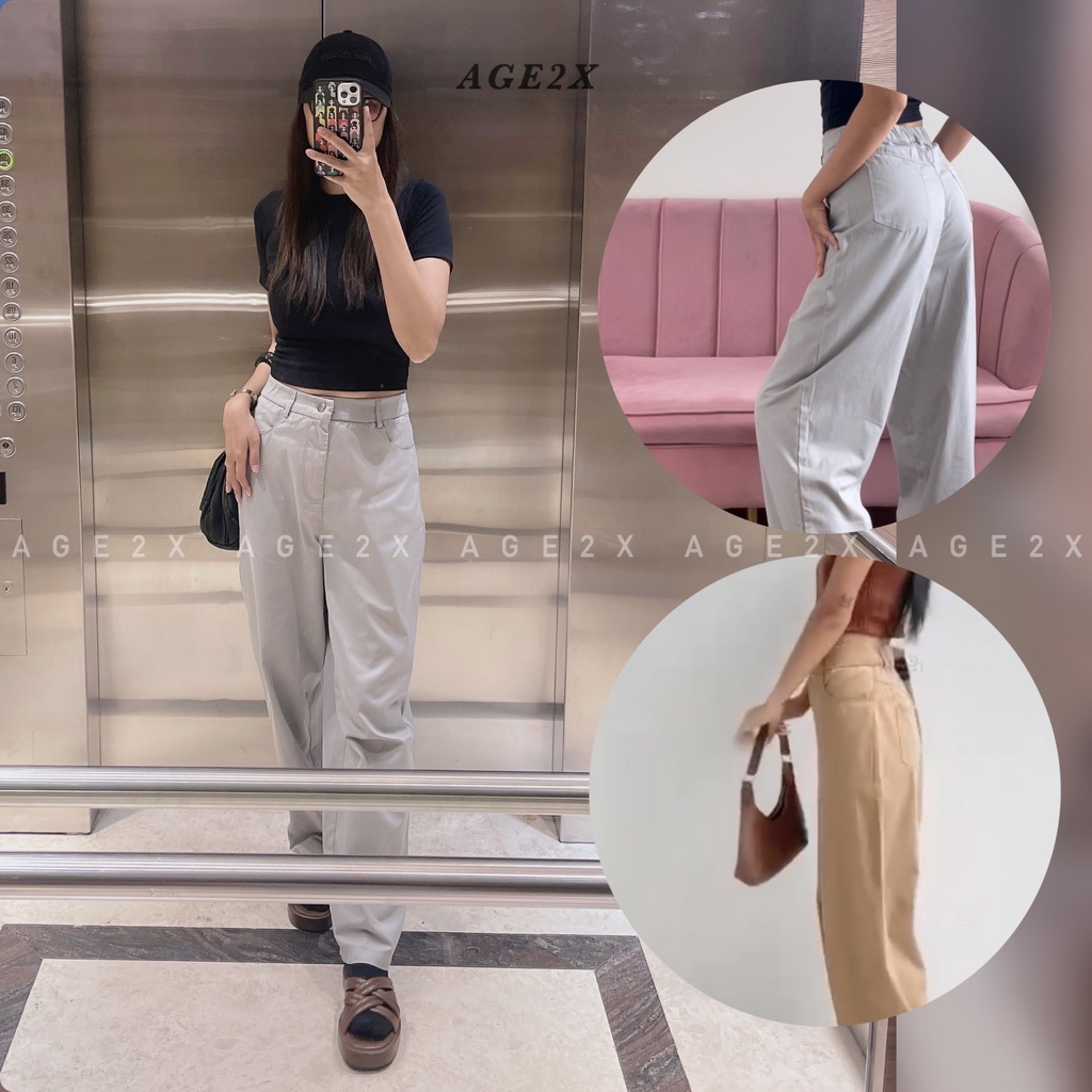 Quần ống rộng suông nữ lưng cao khóa trước 1 khuy vải kaki cotton mềm mát chính hãng AGE2X