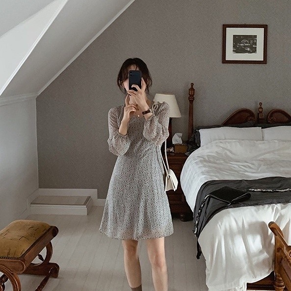 SUXI Đầm Chiffon Cổ Chữ V Ôm Eo Họa Tiết Hoa Phong Cách Vintage Hàn Quốc