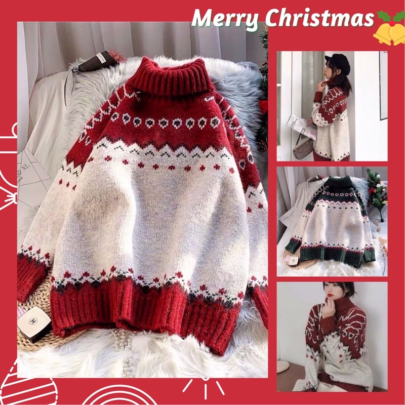 Áo len thổ cẩm cổ cao chất dày dặn/Áo len hoạ tiết Noel Hàn Quốc (Có ảnh thật)