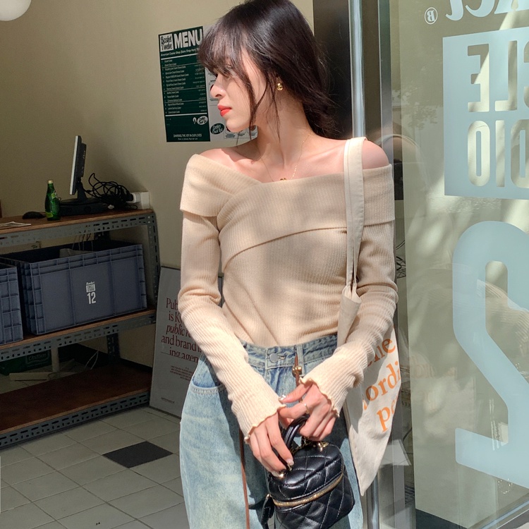 ZHELIHANGFEI Áo Dệt Kim Dài Tay Trễ Vai Dáng Ôm Gợi Cảm