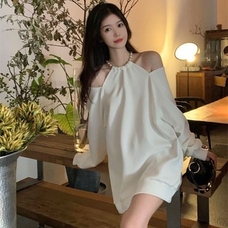 Spice Girl Đầm Sweater Trễ Vai Dáng Rộng Mỏng Nhẹ Đính Ngọc Trai Thời Trang Mùa Thu Cho Nữ Sh