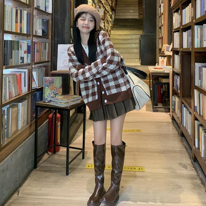 Áo Khoác Cardigan Kẻ Caro Màu Nâu BROWN Nam Nữ Form Rộng