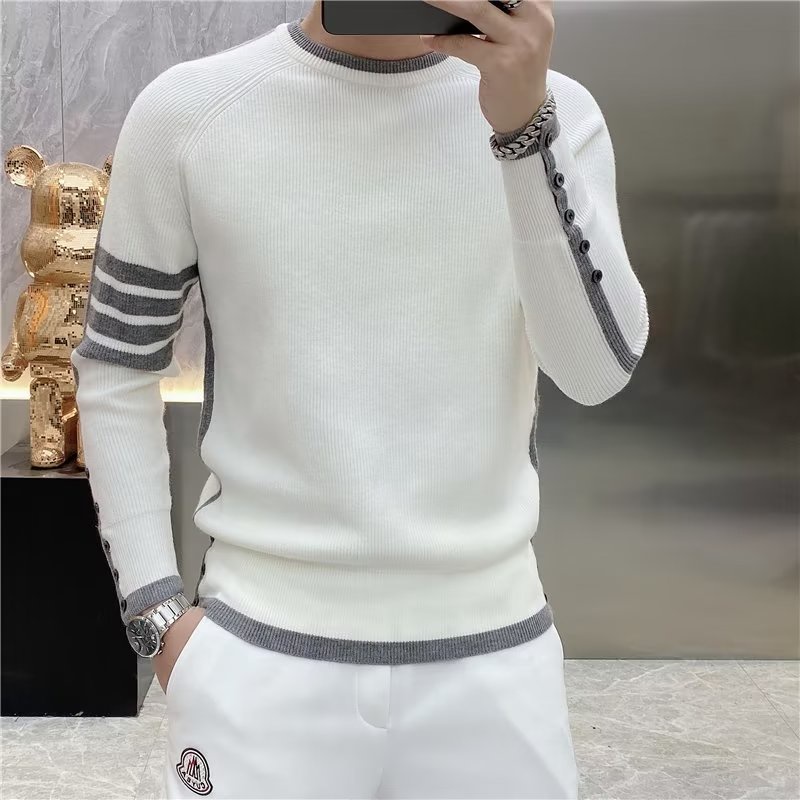 Áo sweater Dệt Kim Cổ Tròn Họa Tiết Kẻ Sọc Màu Xanh Lá Thời Trang Thu Đông Cao Cấp Cho Nam