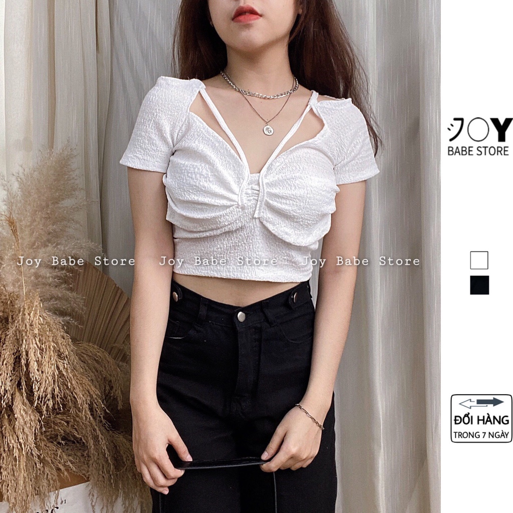 Áo croptop kiểu thun xốp JOY BABE 🦋 thun xốp kiểu nơ cánh bướm, áo crop top nữ tay ngắn hot hit CRON 269 -5G