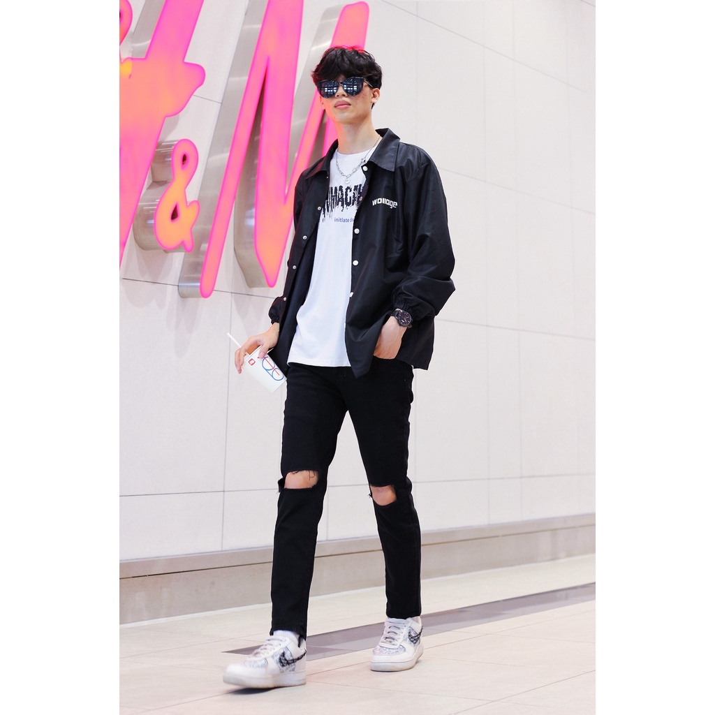 Quần jean nam rách gối vuông chất bò denim màu đen co giãn cực tốt ngầu dáng slimfit skinny đẹp giá rẻ chuyensiluxury