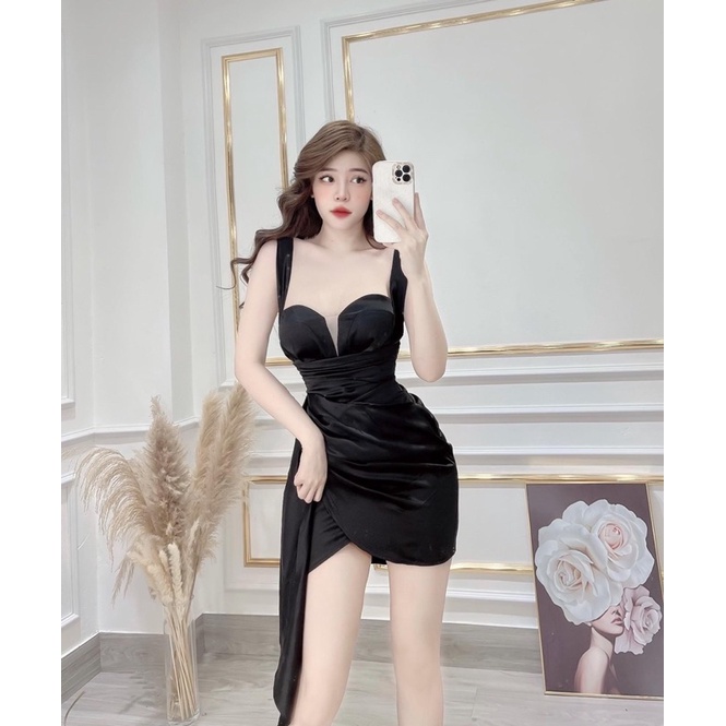 Đầm Body Hai Dây Xẻ Ngực Bo Eo Tà Nhún Đắp Chéo Nơ Eo - Vải Lụa Dày - Cho Nàng Đi Tiệc -NV387