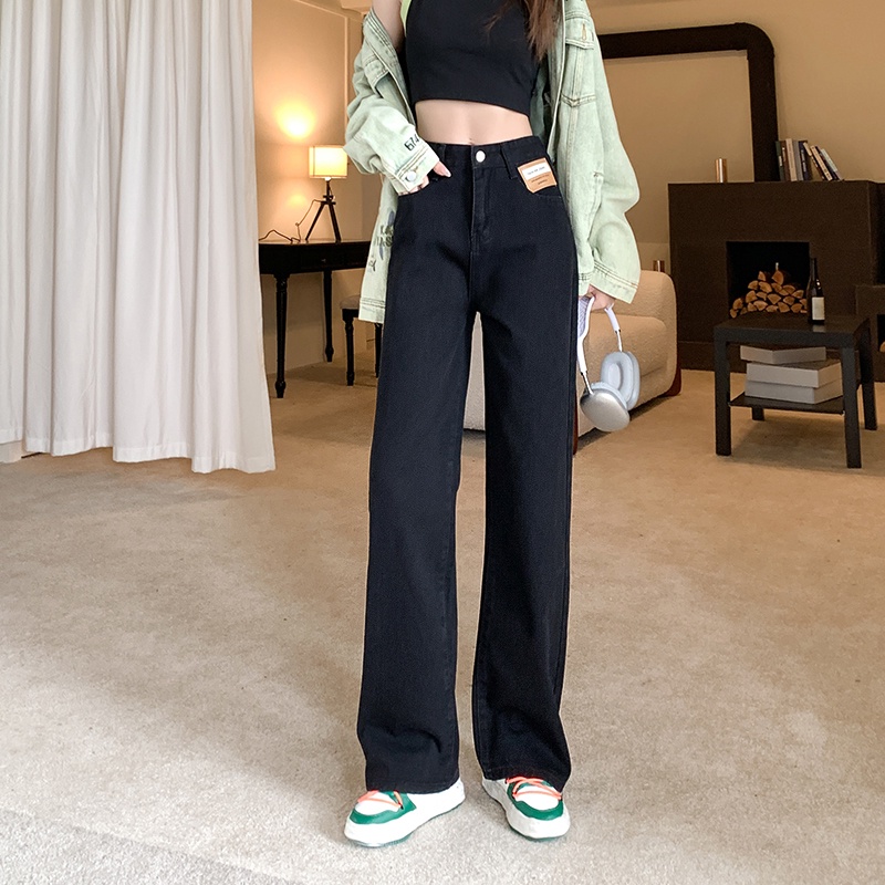 Quần jean SUXI cho nữ thiết kế dài lưng cao ống rộng màu đen thời trang mùa thu cá tính