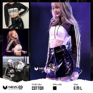 (Sẵn S M L_ảnh thật) Áo hoodie croptop Lisa dài tay hở ngực chữ phản quang KL (dance, gym)