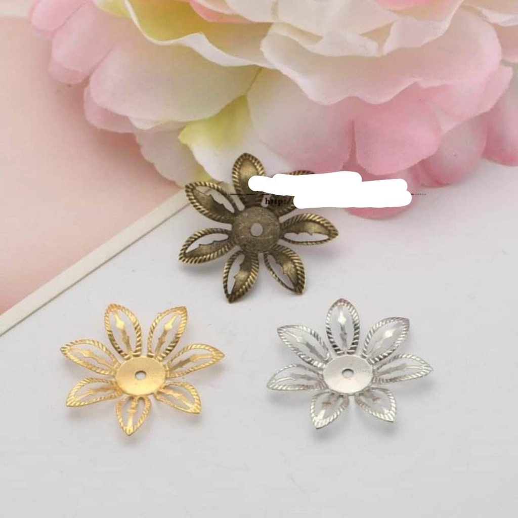 (10 cái) Phiến hoa kim loại 7 cánh rỗng 28mm, nguyên liệu làm trâm cài tóc cổ trang, nguyên liệu diy,