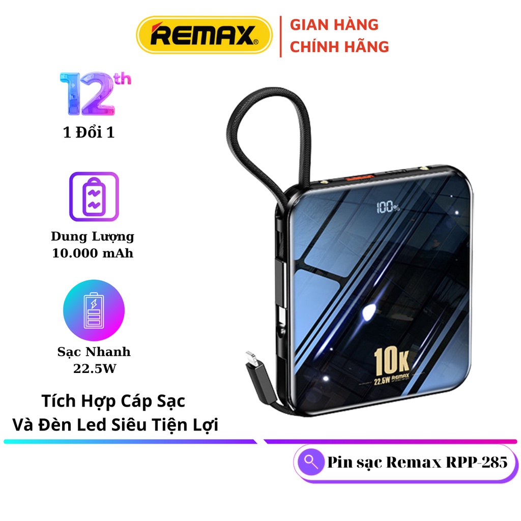 Pin Sạc Dự phòng 10000mah Kèm Cáp Sạc Nhanh 22.5W - Remax Việt Nam RPP-285 - Bảo Hành 12 Tháng