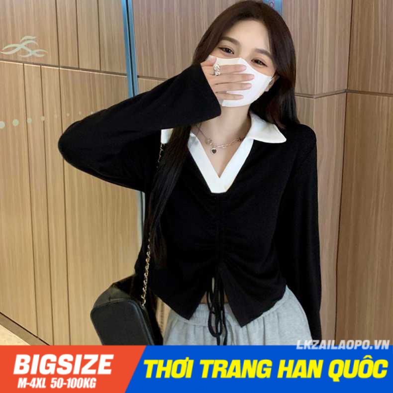 Áo thun nữ tay dài Bigsize Áo polo kiểu form rộng có cổ thiết kế dây rút đen mùa xuân Phong cách Hàn Quốc Thời Trang đẹp