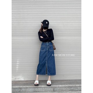 Chân váy jeans dài màu xanh đậm xẻ trước