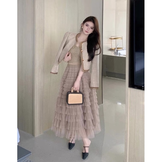 Set 3 món tiểu thư áo dạ tweed và chân váy voan xếp tầng