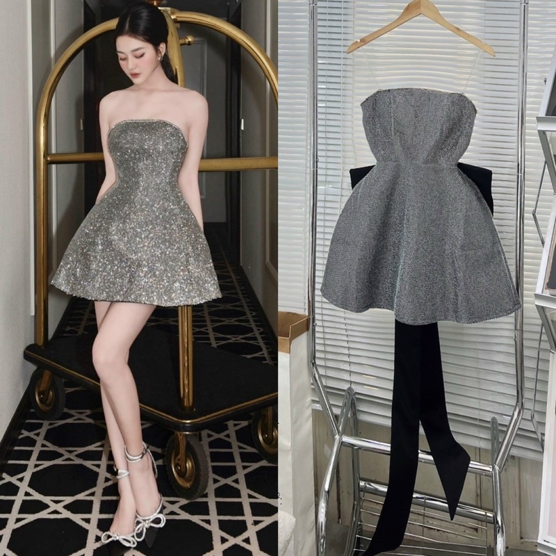 Đầm nhũ kim sa cúp ngực nơ đen lưng, váy ngắn xoè nhẹ tiểu thư sang trọng quý phái quyến rũ dự tiệc sinh nhật đi bar
