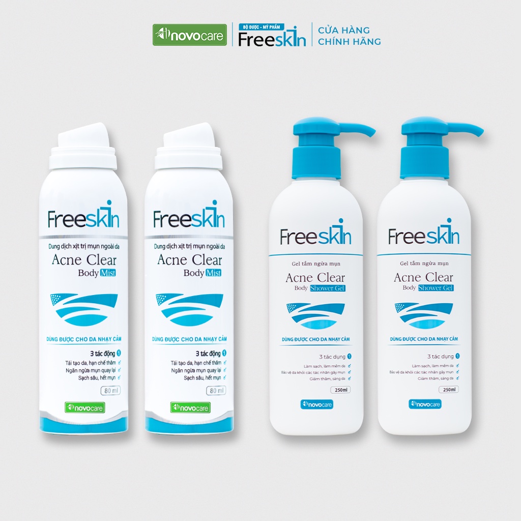 Combo 2 Gel tắm ngừa mụn&amp;Xịt mụn lưng Novocare - Freeskin chuyên dùng cho mụn cơ thể, viêm nang lông, viêm da 250ml-80ml