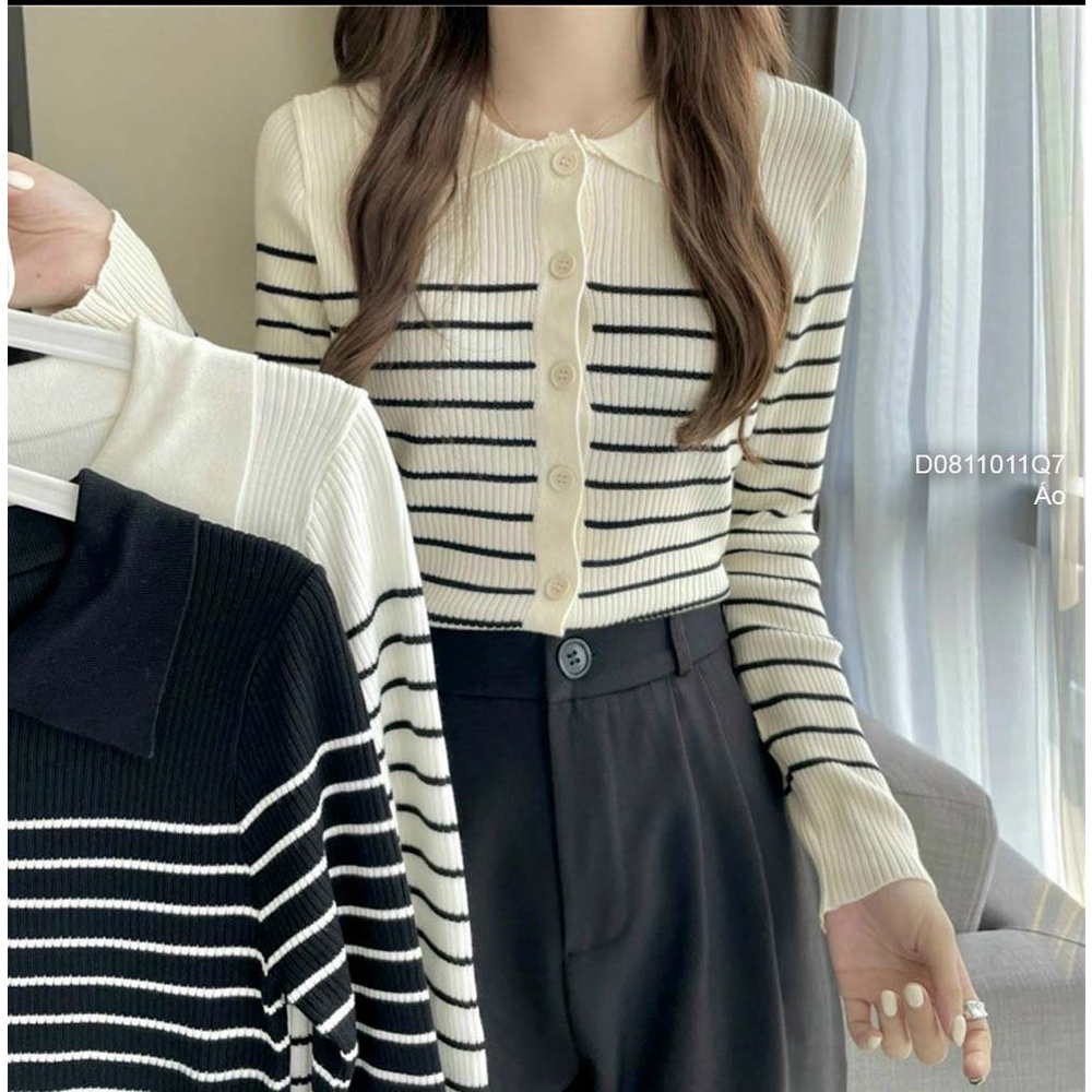 Áo len nút kẻ sọc cổ bẻ tay dài hàng đẹp QC!